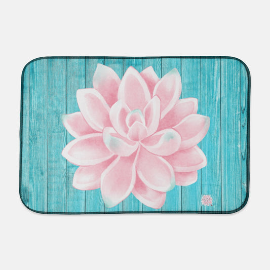 Blue Wood Pink Succulent Flower- Dish Mat